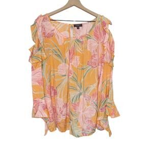 COCOMO Woman PLUS 3X Long Sleeve Cold Shoulder Tropical Floral Rayon Top Orange